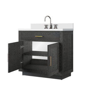 English Elm Black Oak Single Bath Vanity With White Quartz Top & Complete Faucet Set – Elegant Storage Solution B2731P260819