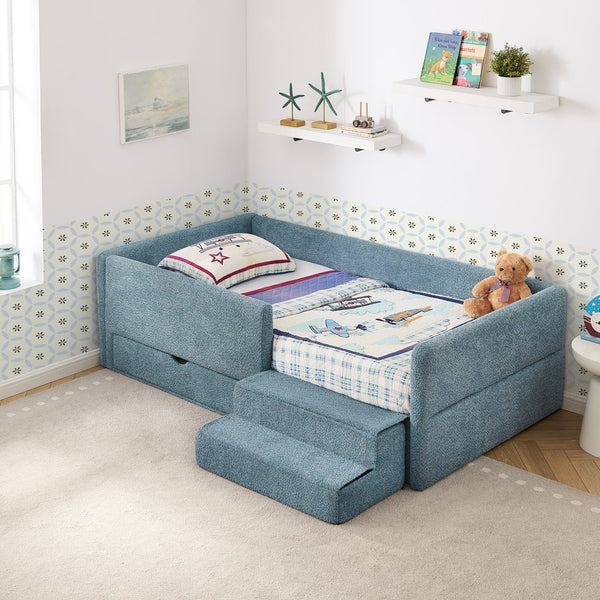 English Elm Twin Boucle Upholstered Kids Bed with Guardrails Built in Storage and Cushioned Step Stool Navy W1413P433366