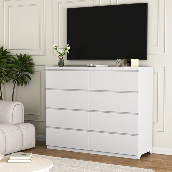 English Elm 8 Drawer Tall Chest Slim Particleboard Build Smooth Gliding Storage for Bedroom Closet White W409S00030