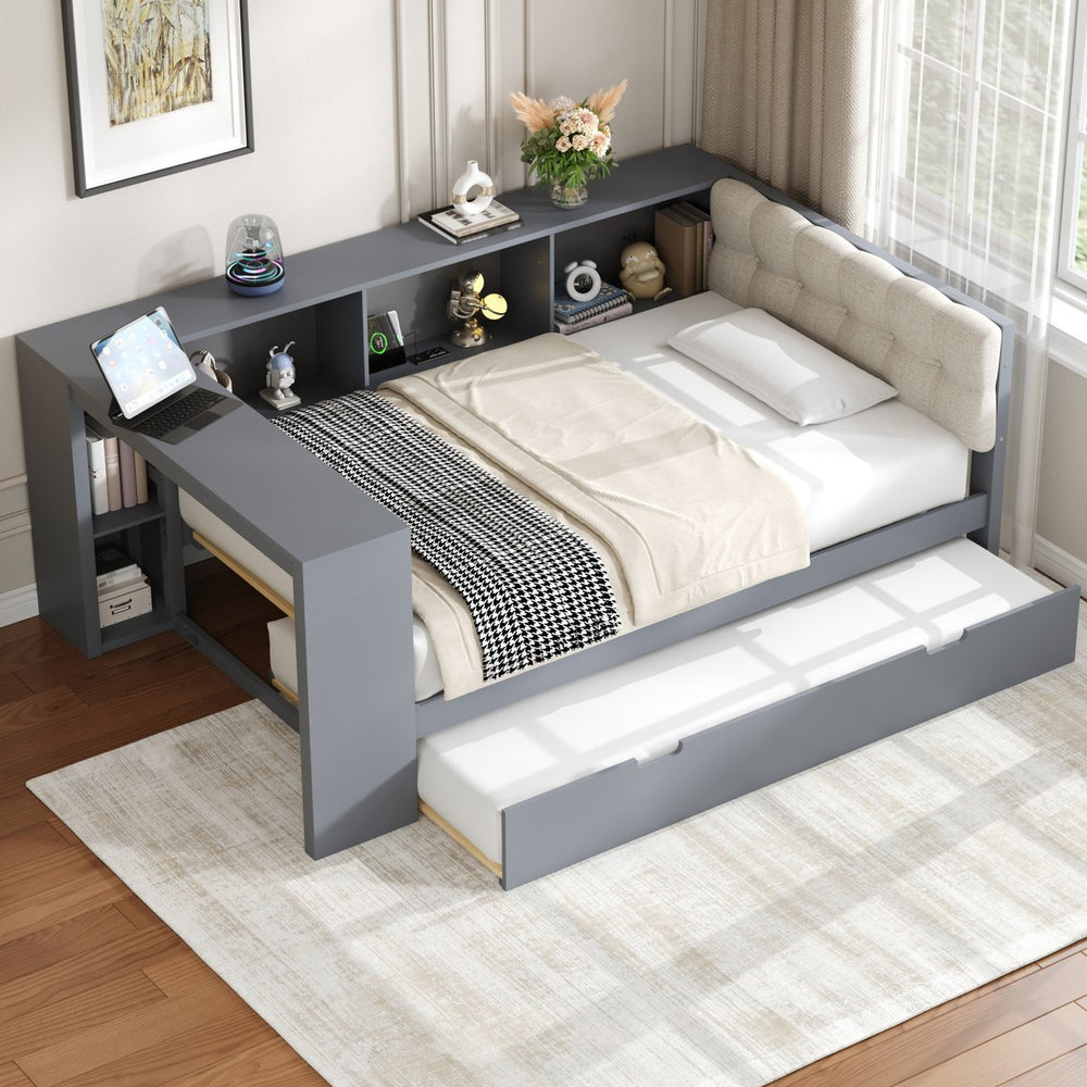 English Elm Wood Twin Platform Bed Linen Headboard Storage Shelves Trundle Charging Station Gray N709P004023E
