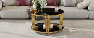 English Elm Modern Round Coffee Table Black Tempered Glass Top Gold Drum Base Living Room Glam N735P177478B