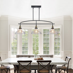 English Elm 45" Industrial 3-Light Pendant Chandelier with Clear Glass Shades, Black Metal, Adjustable Height, Modern Farmhouse Lighting for Kitchen Island and Dining Areas W1340P253586