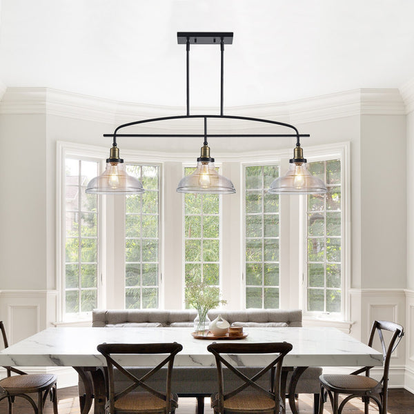 English Elm 45" Industrial 3-Light Pendant Chandelier with Clear Glass Shades, Black Metal, Adjustable Height, Modern Farmhouse Lighting for Kitchen Island and Dining Areas W1340P253586