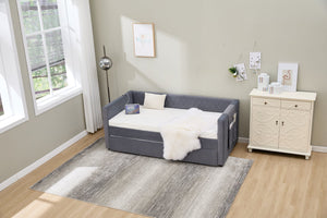 English Elm Grey velvet daybed with diamond-grid pull-out trundle, modern velvet finish, sturdy wooden frame for guest-ready style W1361S00032