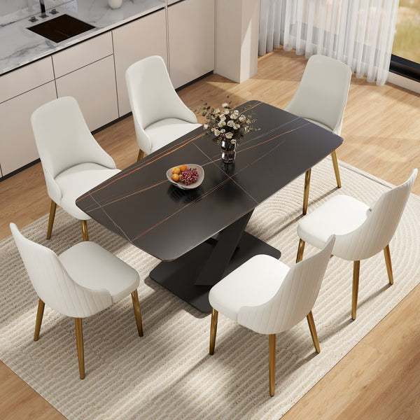 English Elm 63"Modern 63" Modern Sintered Stone Dining Table With Black Metal X-Leg Design For 6 - Stylish & Durable W1535S00535