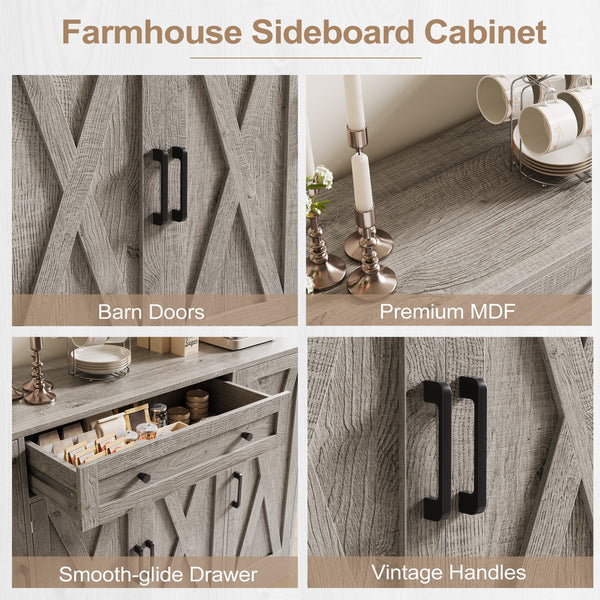 English Elm Buffet Sideboard 55 Inch Farmhouse Credenza with Barn Doors Drawer and Open Shelving Gray T5618P451111