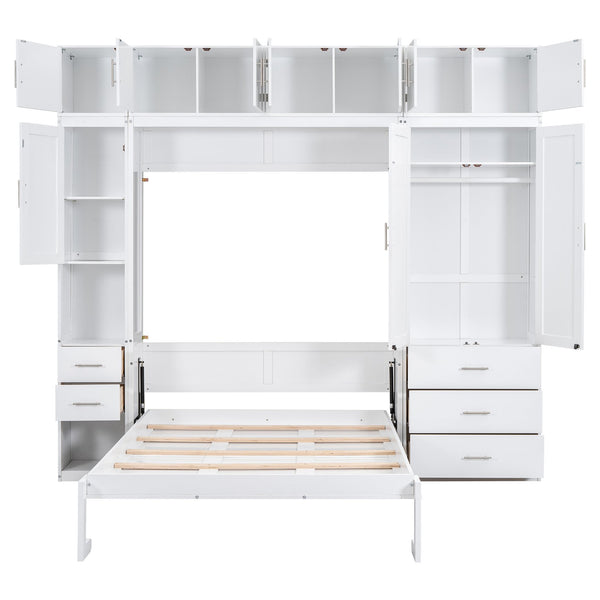 English Elm Full Full Size Murphy Bed with Lockers & Wardrobes in White — Space-Saving Foldaway Cabinet, Shelves, Drawers, Installation Video Included GX000392AAK