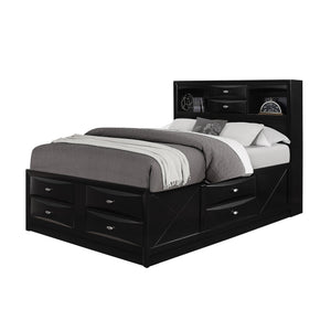 English Elm LUCILLE full bed with built-in bookcase headboard, 6 under-bed storage drawers, slatted base Black 59.02 L x 14.61 W x 33.94 H B201S00264