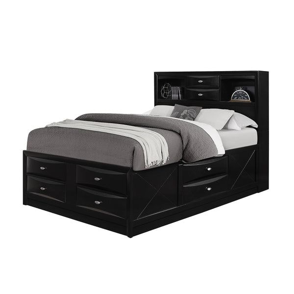 English Elm LUCILLE full bed with built-in bookcase headboard, 6 under-bed storage drawers, slatted base Black 59.02 L x 14.61 W x 33.94 H B201S00264