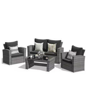 English Elm 4-piece Outdoor Wicker Conversation Set with Tempered Glass Table and Resort Style Black+Brown B082S00058