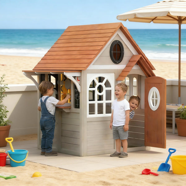 English Elm Comfortable Solid Fir Wood Outdoor Playhouse with Stove Blackboard and Doorbell T3971P491789