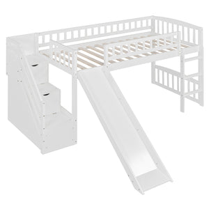 English Elm Stairway Twin Loft Bed with Storage Staircase Slide and Guardrails for Kids White LT000515AAK-2