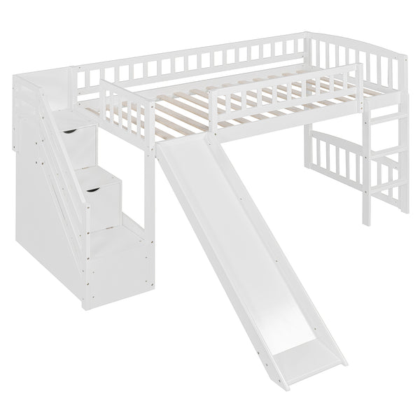 English Elm Stairway Twin Loft Bed with Storage Staircase Slide and Guardrails for Kids White LT000515AAK-2