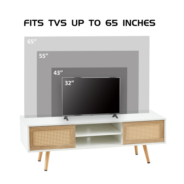 English Elm 55.12" Rattan TV Cabinet with Double Sliding Doors, Adjustable Shelf, Solid Wood Legs, White/Natural Finish W2181P293620