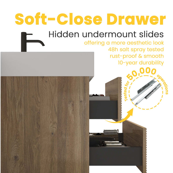 English Elm Grace Mid-Century Wall-Mounted Bathroom Vanity with White Quartz Basin, 20% More Storage, Soft-Closing Drawers and Hidden Handle for Quiet, Durable Modern Style Oak W1865S00115