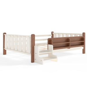 English Elm Twin Pine Floor Bed for Kids with Side Bookcases Built-in Stairs and Safety Guardrails Beige W1580P390220