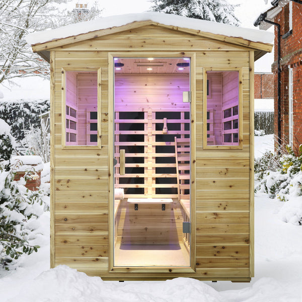 English Elm Four Person Outdoor Infrared Sauna with Solid Fir Wood Bluetooth Audio Low Emf Panels W632S00032