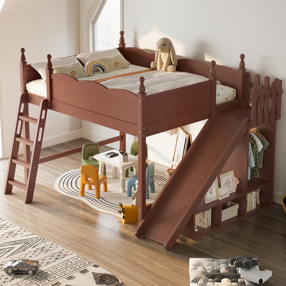 English Elm Queen Solid Pine Loft Bed with Wardrobe Shelves Detachable Slide and Dual Sleeping Zones Antique Natural W5305S00030