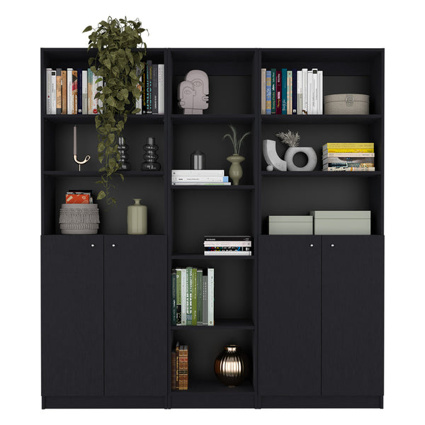 English Elm Acres 3-Piece Home Bookcase Set with 11 Shelves and Dual Double-Door Cabinets for Organized Living Room Black 41 L x 28 W x 5 H B200S00354