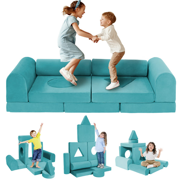 English Elm 11pcs Modular Foam Play Couch Set for Kids Velour Washable Toddler Playroom Builder Cyan T5880P493425