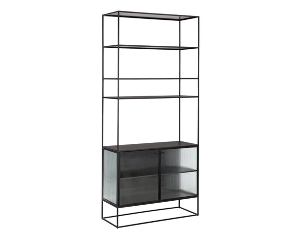 Sunpan Parsons Bookcase - Timeless Mid-Century Modern Design with Fluted Glass Doors and Matte Black Frame