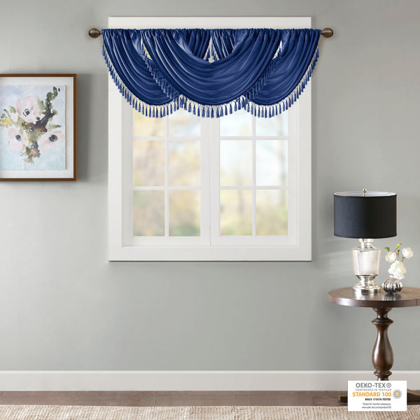 JLA Home Madison Park - Faux Lustrous Silk Waterfall Valance with Tassel Trim, OEKO-TEX Certified Draped Accent for Windows Navy MP41-7411
