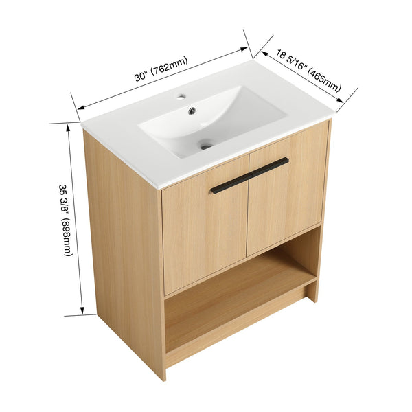 English Elm 30" Bathroom Vanity With Integrated Ceramic Sink, Soft-Close Doors & Open Shelf For Easy Storage W1972S00017