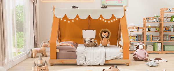 English Elm Twin Cabin Bed with Detachable Tent Skylight and Woodland Deer Antler Accents Brown N708P356717D