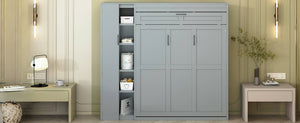 English Elm Full Size Murphy Bed with Open Shelving Wardrobe and Led Lighting for Studio Spaces Gray LP000898AAE
