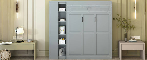 English Elm Full Size Murphy Bed with Open Shelving Wardrobe and Led Lighting for Studio Spaces Gray LP000898AAE