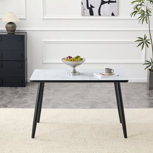 English Elm Modern Marble Effect Glass Top Dining Table Seats Six Tapered Steel Legs Sleek W1151S04618