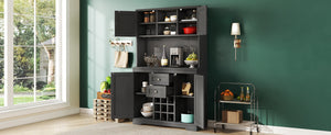 English Elm Coffee Bar Cabinet Dark Blue Farmhouse Buffet with Wine Cubbies, Stemware Rack, Drawers, Shelves & Prep Space Black W1580S00088