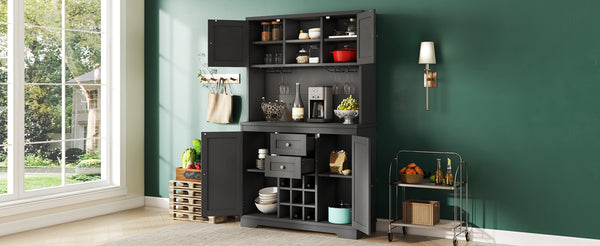 English Elm Coffee Bar Cabinet Dark Blue Farmhouse Buffet with Wine Cubbies, Stemware Rack, Drawers, Shelves & Prep Space Black W1580S00088