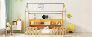 English Elm Twin House Bed with LED Light and Built-In Bookshelf, Solid Wood Playhouse Design for Kids Safety Natural 78.15 L x 15.75 W x 6.1 H W2593P269092