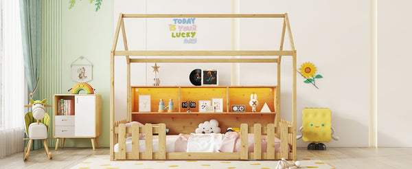 English Elm Twin House Bed with LED Light and Built-In Bookshelf, Solid Wood Playhouse Design for Kids Safety Natural 78.15 L x 15.75 W x 6.1 H W2593P269092