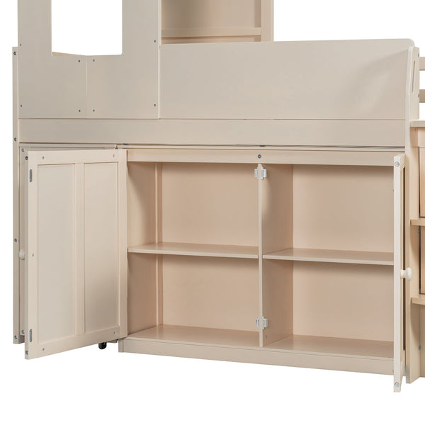 English Elm Twin House Loft Bed with Pull Out Rolling Desk Stair Drawers and Cabinet Storage Beige N820S00072A