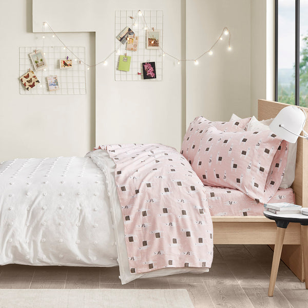 JLA Home Intelligent Design - 100% Cotton Flannel Sheet Set – Ultra-Soft 135gsm Pigment Print for Warmth, Breathable Comfort & Lasting Color Pink Llamas ID20-1532