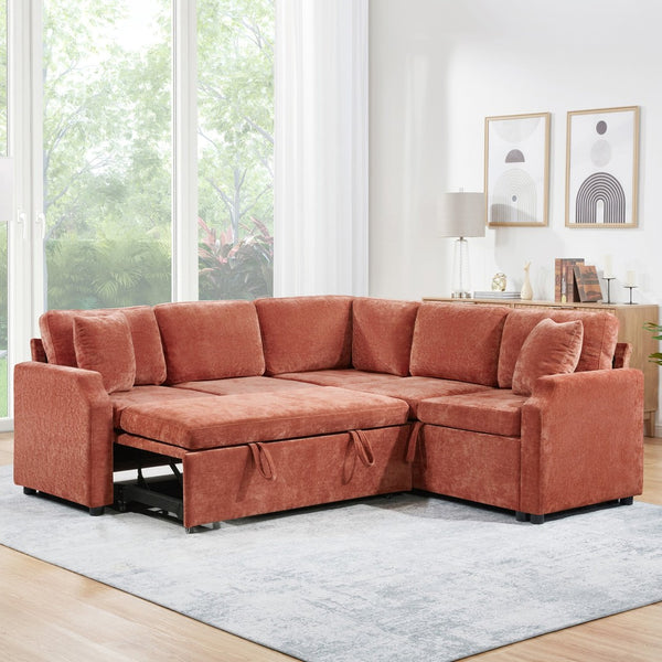 English Elm Sectional Sofa Bed - Stylish L-Shaped 81.9" Sleeper Sofa With Hidden Storage & Cozy Orange Chenille N719S002070G-GIGA