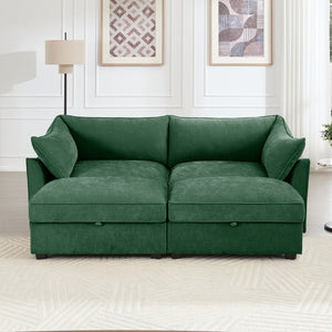 English Elm 2 Seater Sofa With Movable Ottomans & Hidden Storage Drawers, Elegant Chenille Green Design W3041S00184