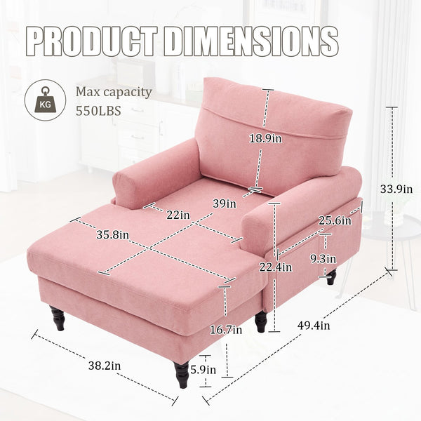 English Elm Modern Chenille Fabric Recliner Chaise Lounge Sofa with High-Resilience Foam, 550LB Capacity, Cozy Plush Backrest and Armrests for Living Room Relaxation Pink W395P371343