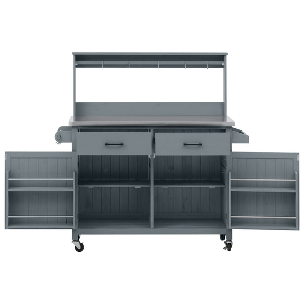 English Elm K&k Solid Fir Grill Cart Stainless Steel Top Outdoor Kitchen Station with Locking Wheels Grey+Blue N707P409087G