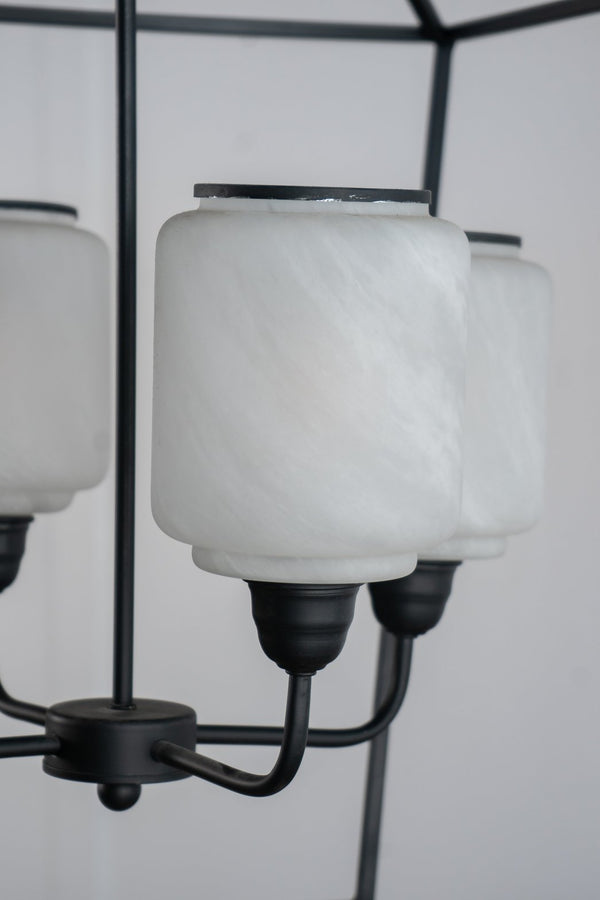 English Elm 21.7x21.7x33.5 Matte Black Iron Chandelier Square Glass Industrial Dining Foyer Light W2078P411228