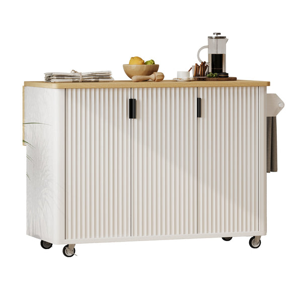 English Elm K&K 51" Fluted Kitchen Island with Waveform Panels, Drop Leaf, Rolling Cart with Towel Rack and Storage White N707P221446W