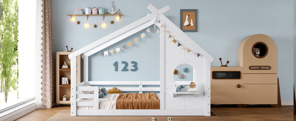 English Elm Full House Floor Bed with Roof Window and Shelf – Solid Pine Kids Loft-Style Low Bed, Durable Design White W1580P362693