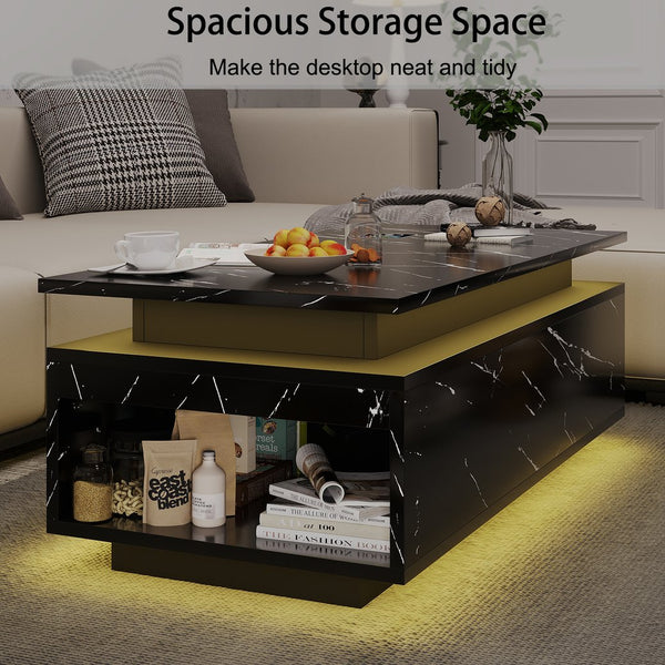 English Elm Coffee Table with Led Lighting Bluetooth Speaker Wireless Charging and Faux Marble Top Black T3773P415725