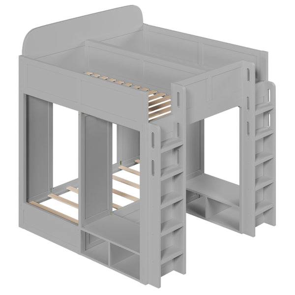 English Elm Triple Bunk Bed Wood Frame with Built in Shelves Hooks for Shared Kids Rooms Gray N7090004027E