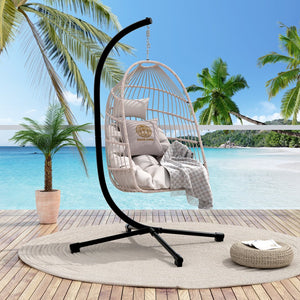 English Elm Foldable Hanging Egg Chair with Stand and Pillow, HDPE Rattan Wicker Swing, Heavy-Duty Frame, Cozy Headrest Beige W2500P339167