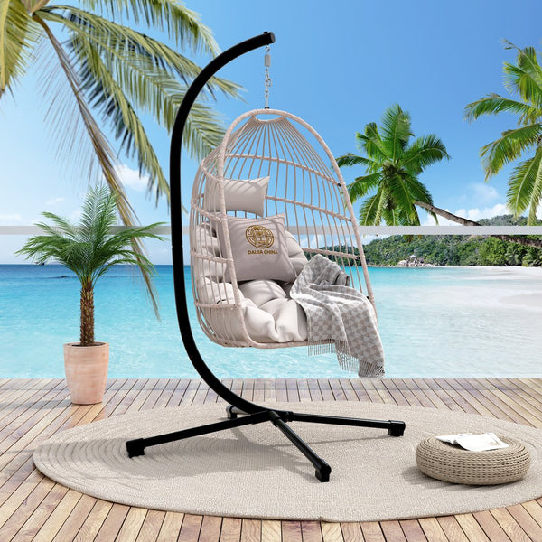 English Elm Foldable Hanging Egg Chair with Stand and Pillow, HDPE Rattan Wicker Swing, Heavy-Duty Frame, Cozy Headrest Beige W2500P339167
