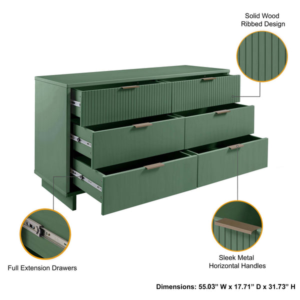 English Elm Granville 55" Sage Green Dresser - 6-Drawer Solid Wood Storage With Gold Handles & Modern Design B365S00088