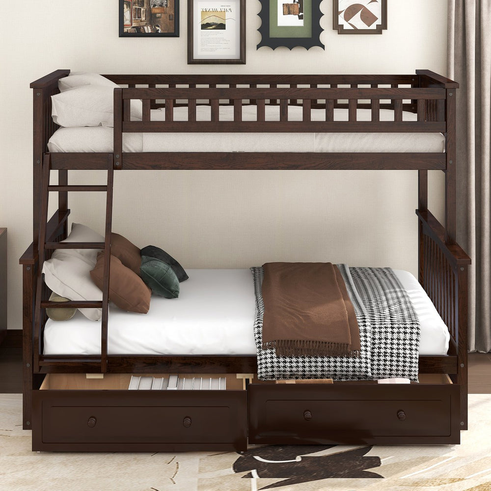 English Elm Twin Convertible Bunk Bed with Built-In Rolling Drawers and Solid Pine/MDF Frame, Space-Saving Durable Design Espresso N7090004020P